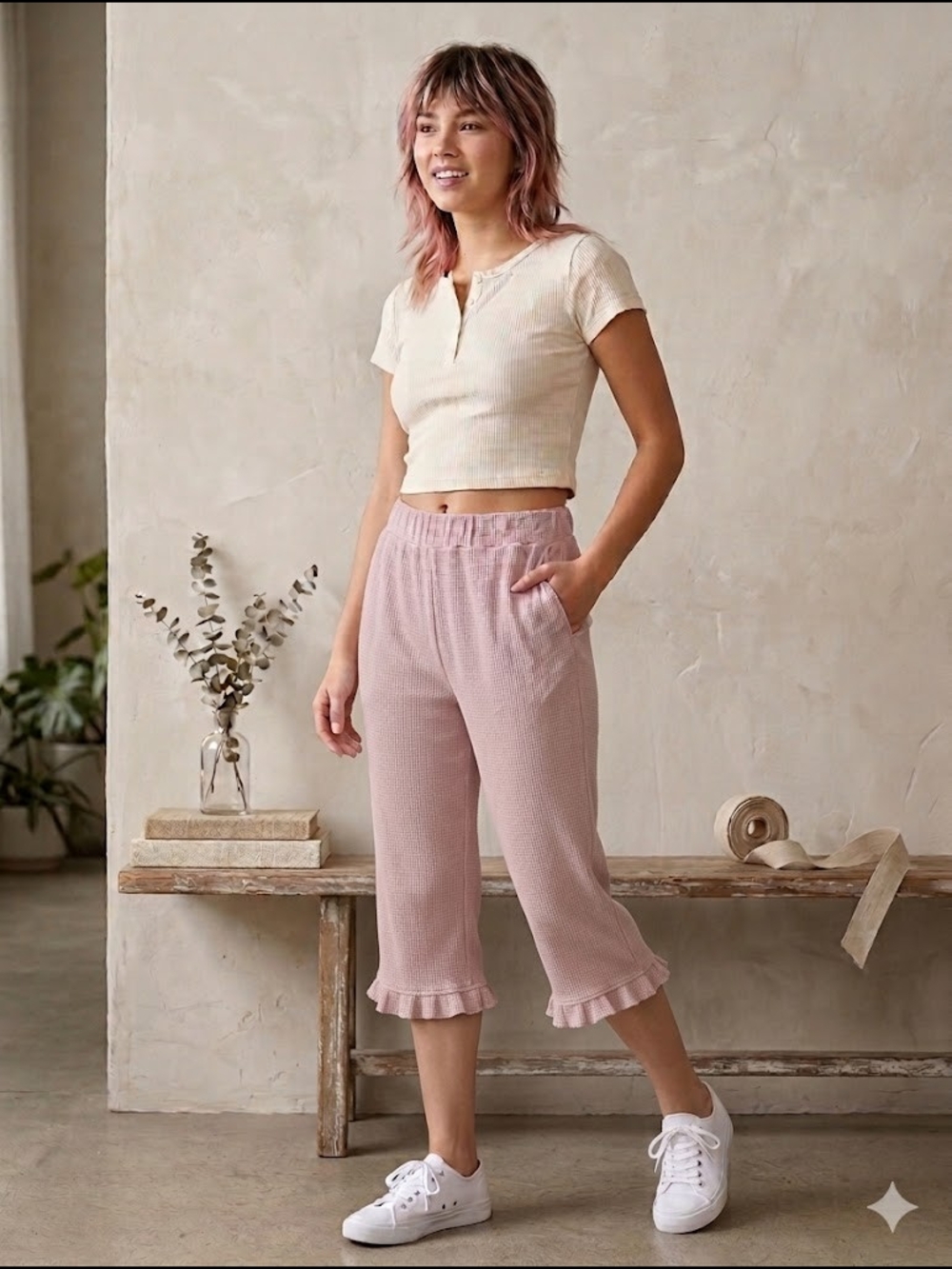 Zudio Pink Waffle Knit Ruffle Hem Pants